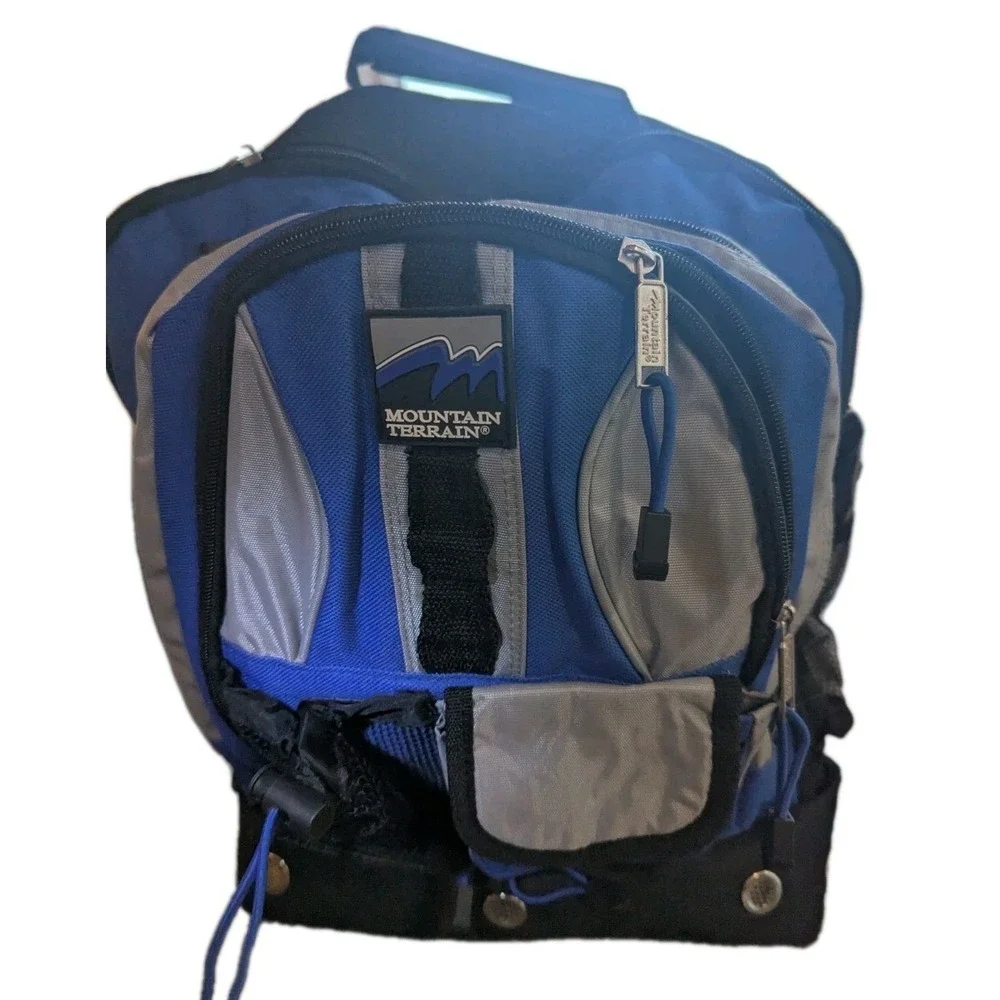 Mountain Terrain Backpack Black Blue Multi-Pockets School Backpack Zippered